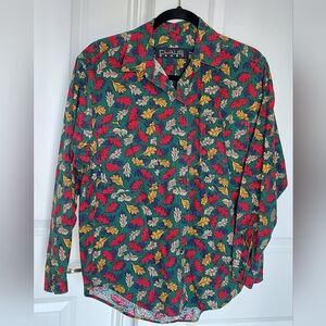 Vintage CHAUS SPORT Women's Green Button Down Shirt Fall Leaf 100% Cotton Cozy M